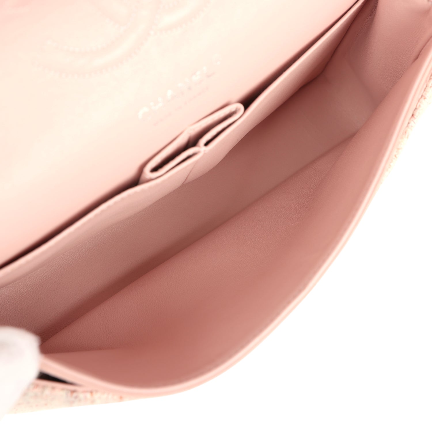 New Chanel Medium Classic Double Flap Bag Light Pink and White Tweed Silver Hardware