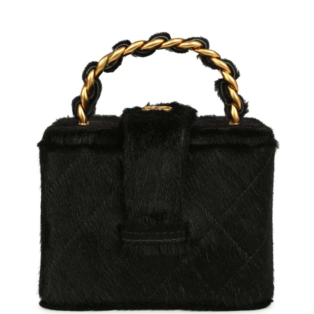 New Chanel Square Vanity Box Black Pony Hair Antique Gold Hardware
