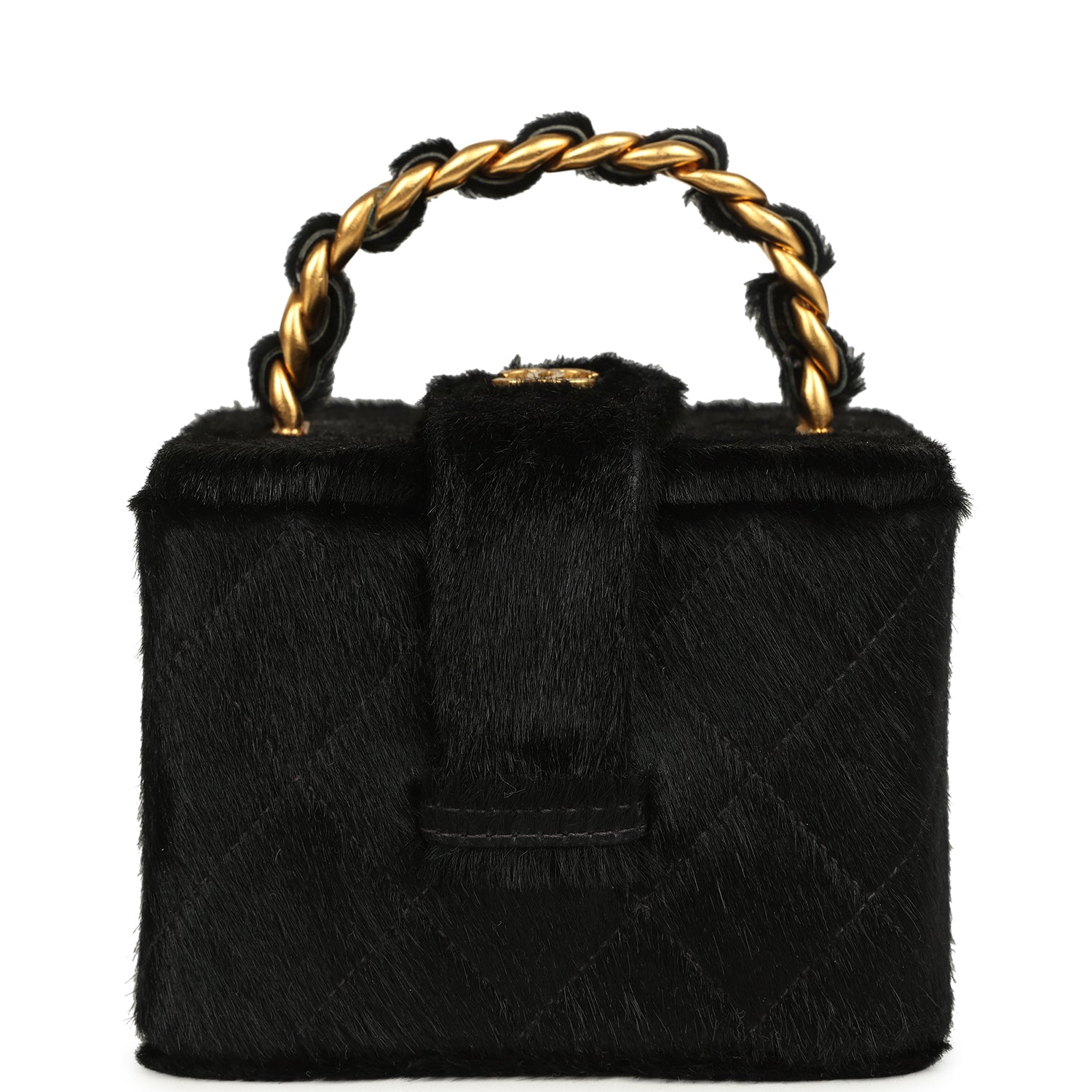 New Chanel Square Vanity Box Black Pony Hair Antique Gold Hardware