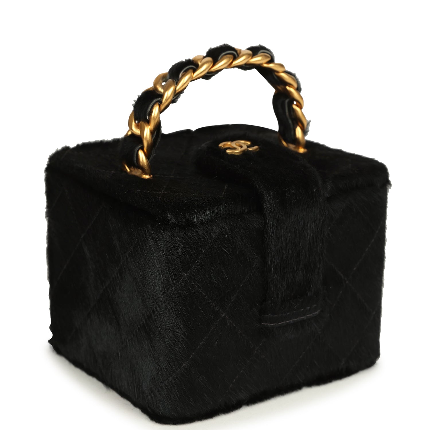 New Chanel Square Vanity Box Black Pony Hair Antique Gold Hardware