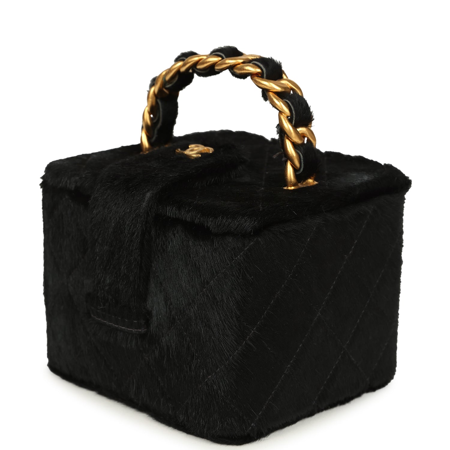 New Chanel Square Vanity Box Black Pony Hair Antique Gold Hardware
