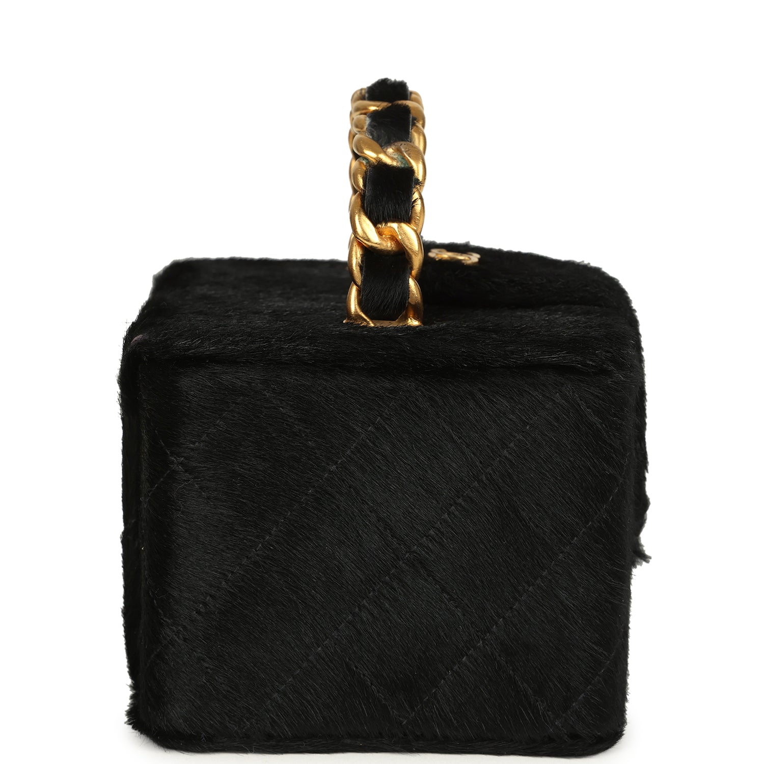 New Chanel Square Vanity Box Black Pony Hair Antique Gold Hardware