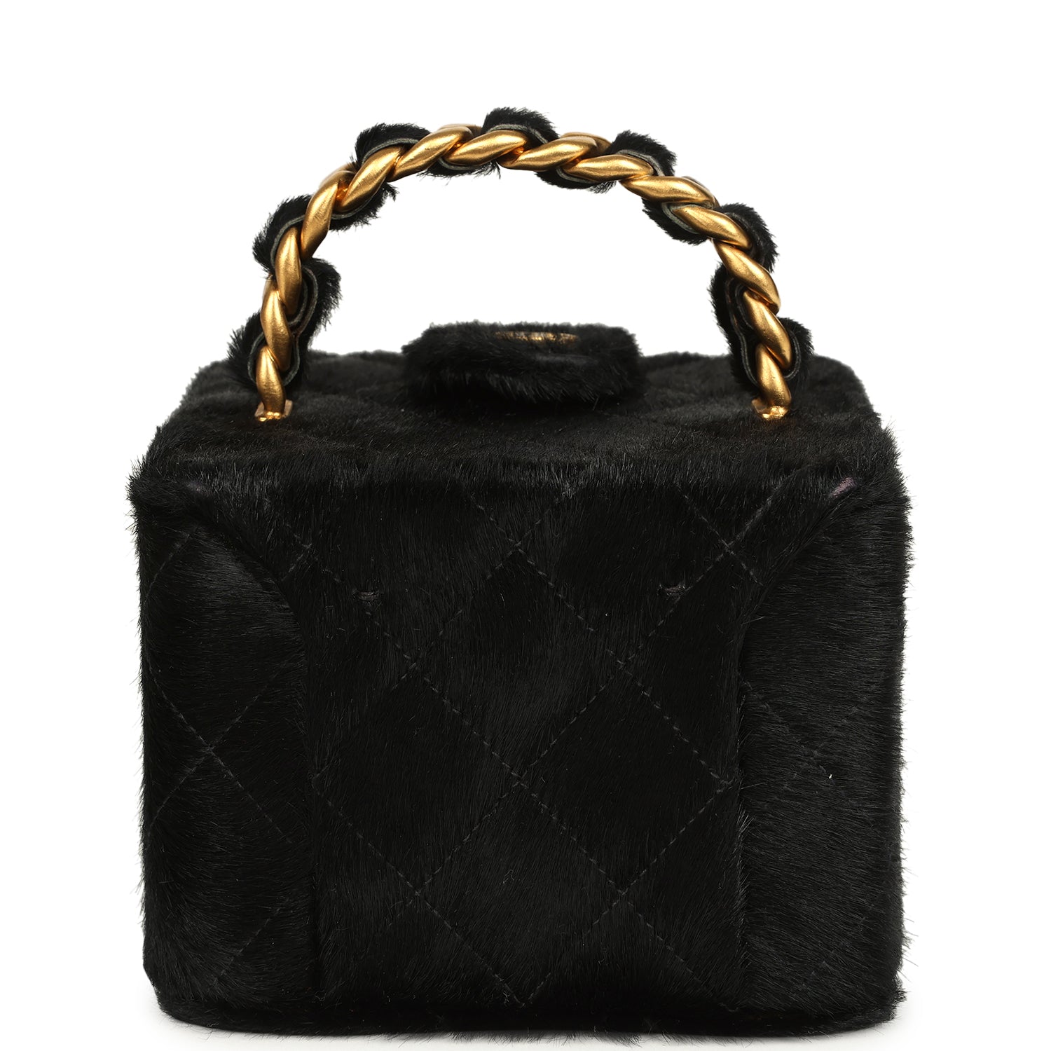 New Chanel Square Vanity Box Black Pony Hair Antique Gold Hardware