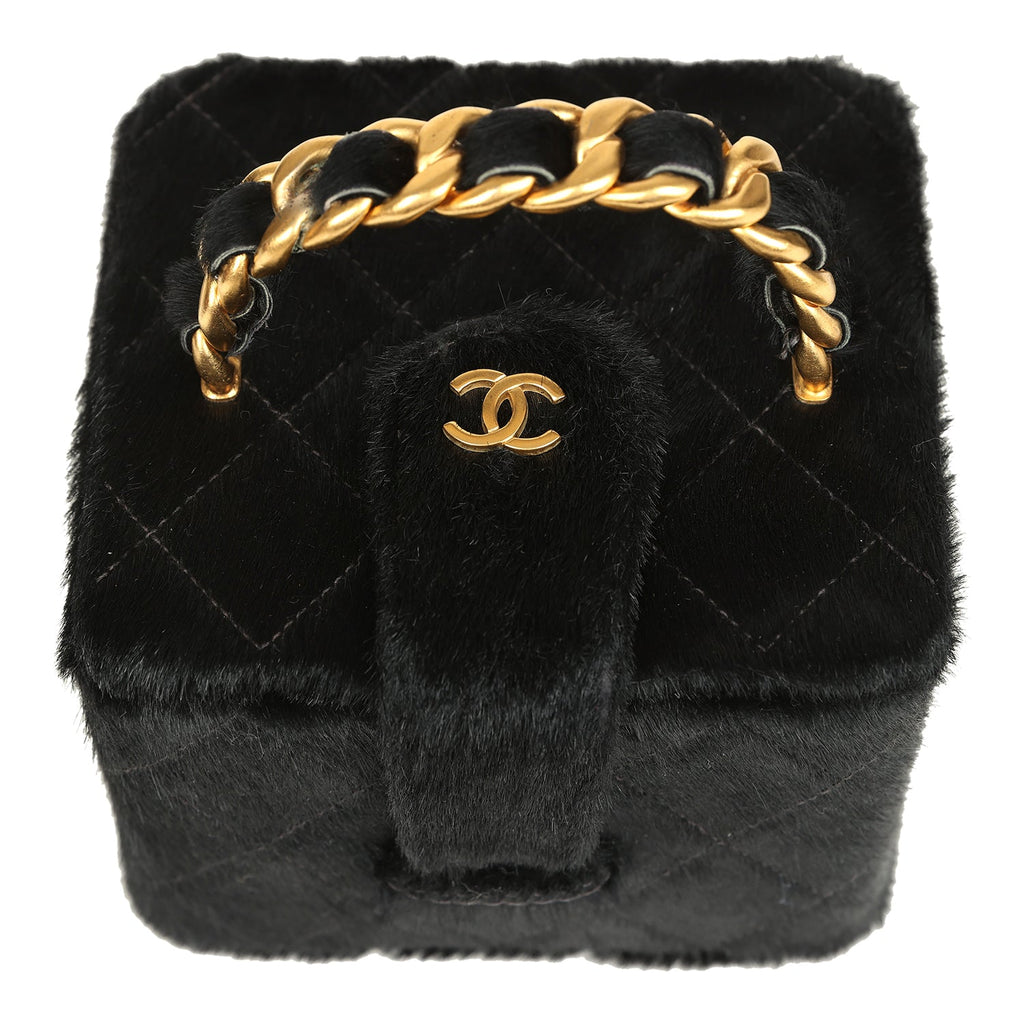 New Chanel Square Vanity Box Black Pony Hair Antique Gold Hardware