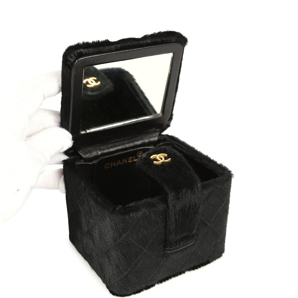 New Chanel Square Vanity Box Black Pony Hair Antique Gold Hardware