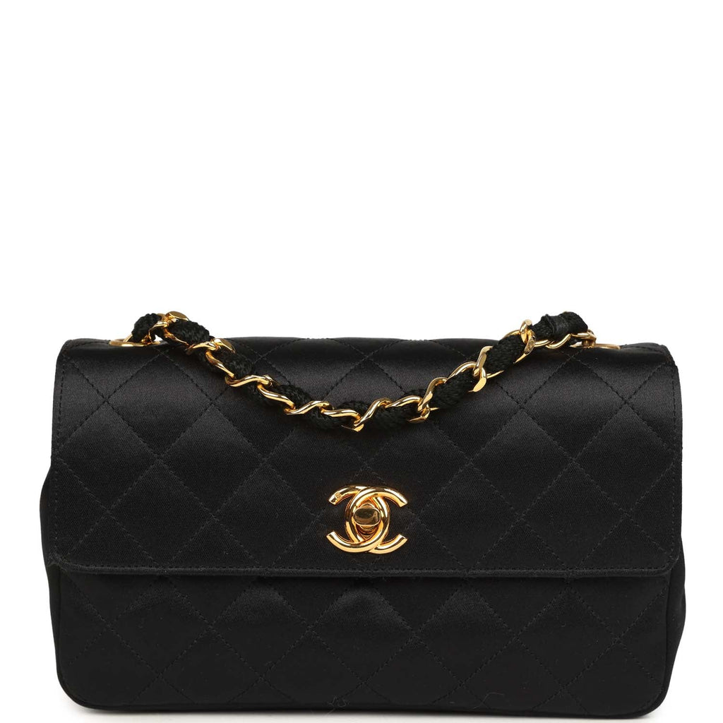 New Chanel Mini Rectangular Flap Bag Black Satin Gold Hardware