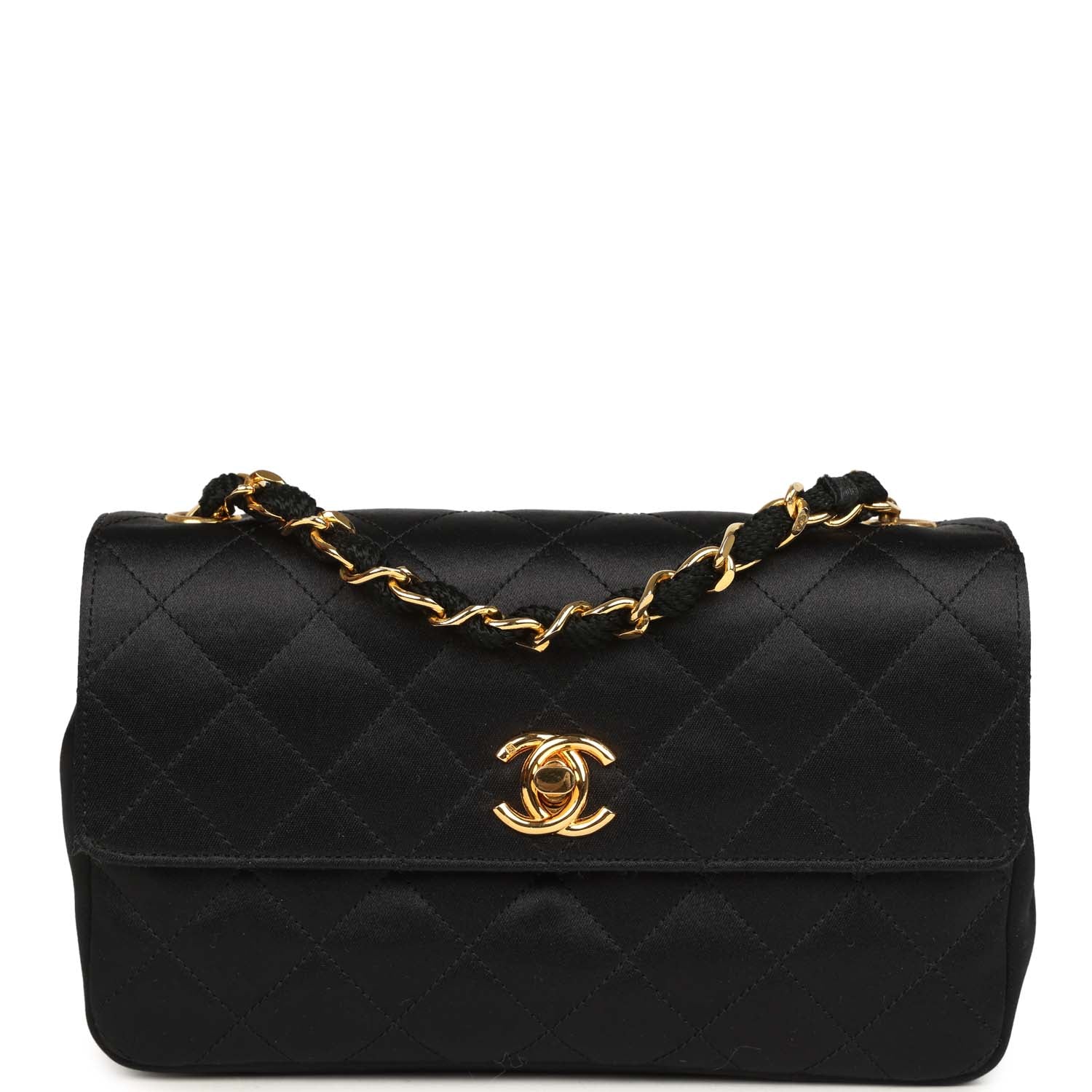 New Chanel Mini Rectangular Flap Bag Black Satin Gold Hardware