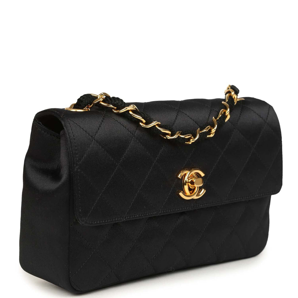 New Chanel Mini Rectangular Flap Bag Black Satin Gold Hardware
