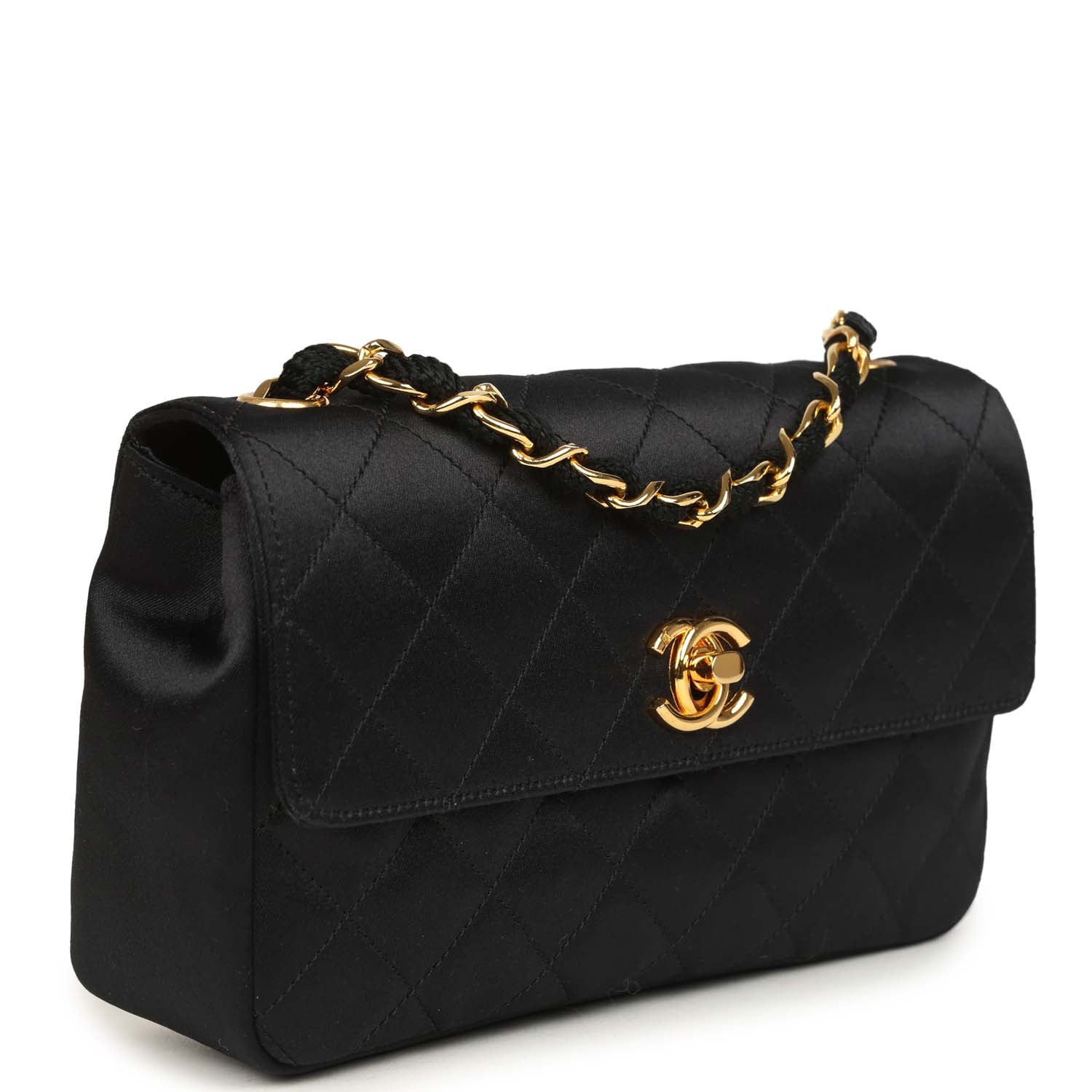 New Chanel Mini Rectangular Flap Bag Black Satin Gold Hardware