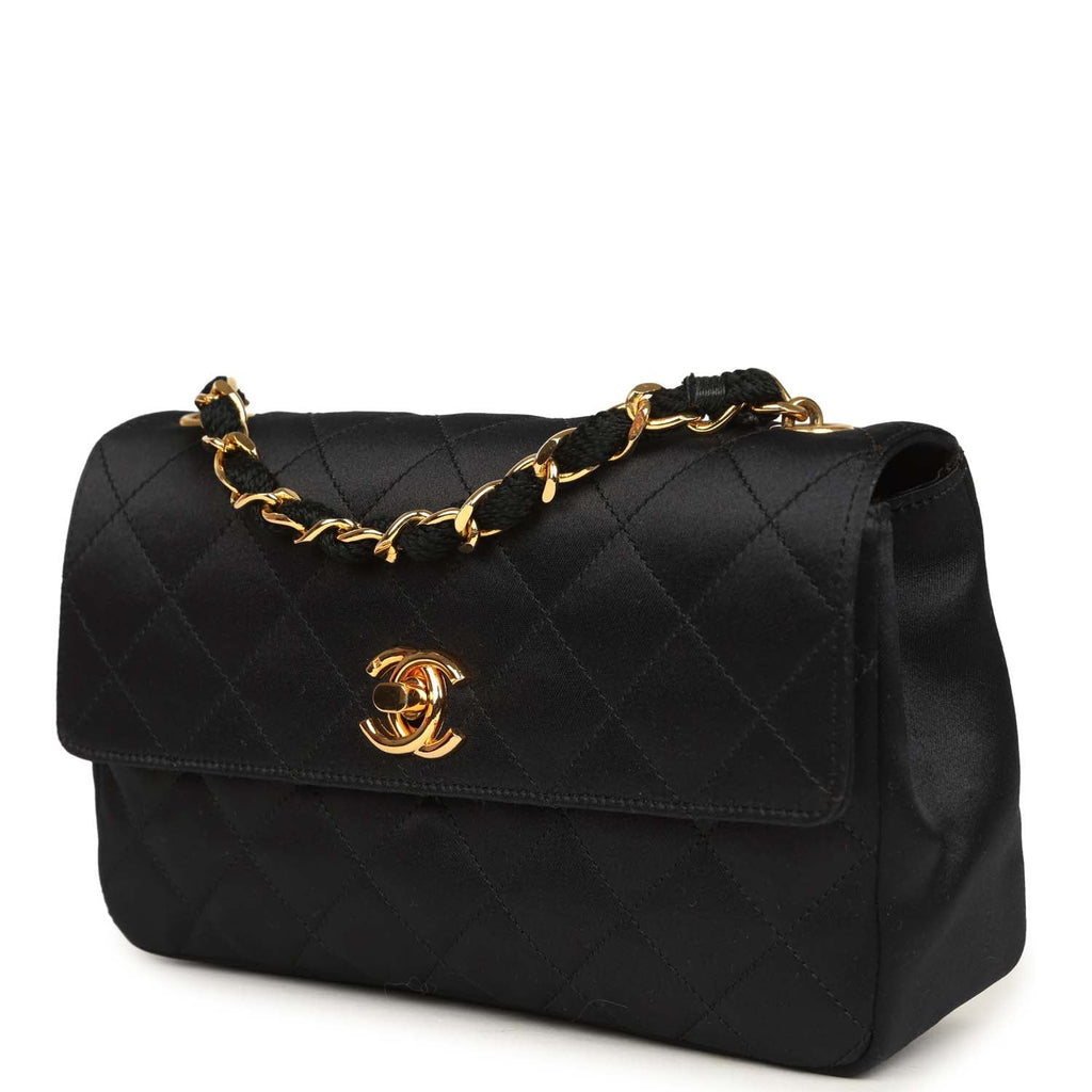 New Chanel Mini Rectangular Flap Bag Black Satin Gold Hardware