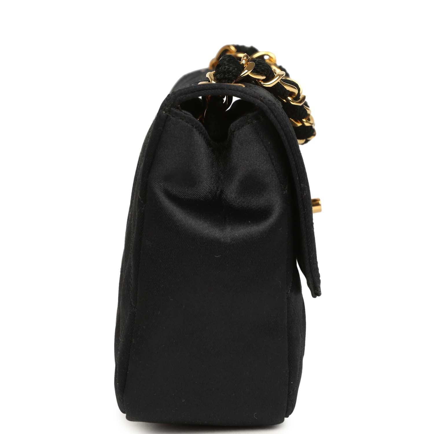 New Chanel Mini Rectangular Flap Bag Black Satin Gold Hardware