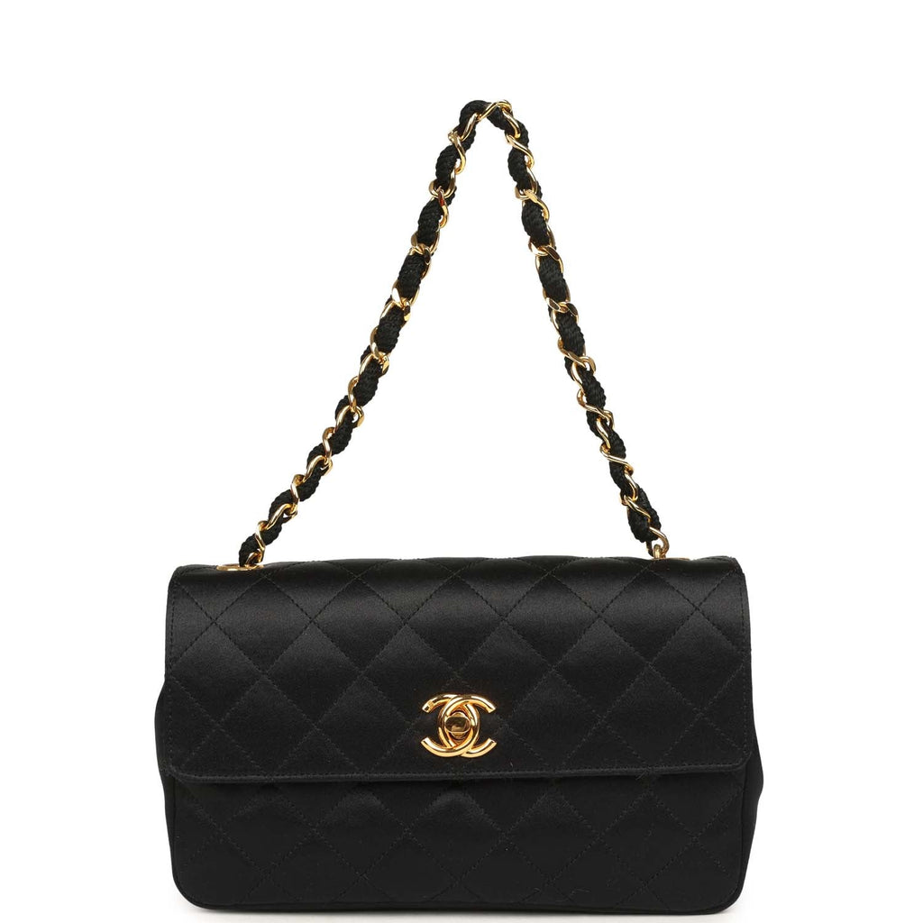 New Chanel Mini Rectangular Flap Bag Black Satin Gold Hardware