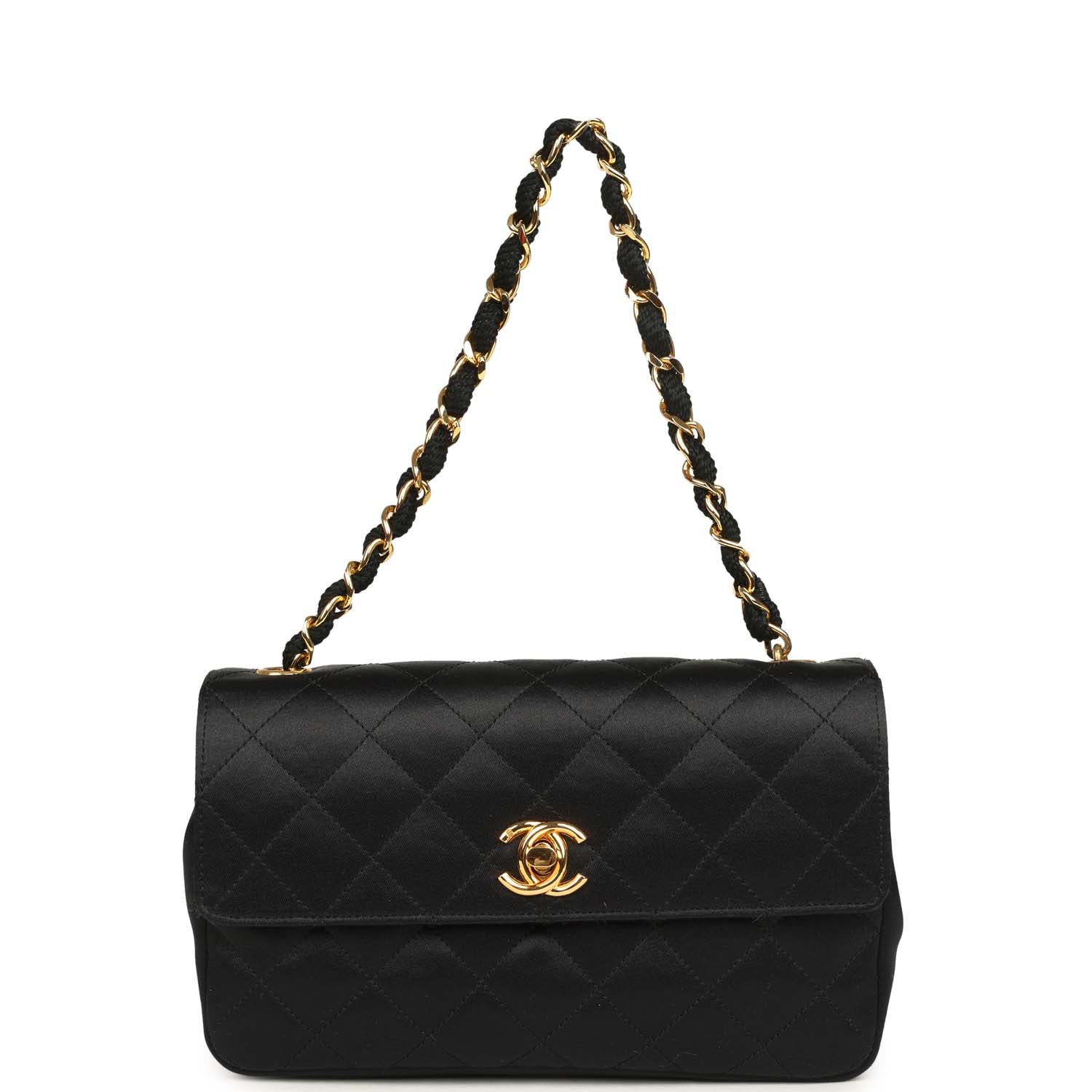New Chanel Mini Rectangular Flap Bag Black Satin Gold Hardware