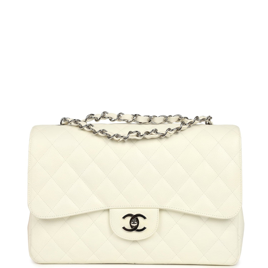 New Chanel Classic Jumbo Single Flap Bag White Caviar Silver Hardware