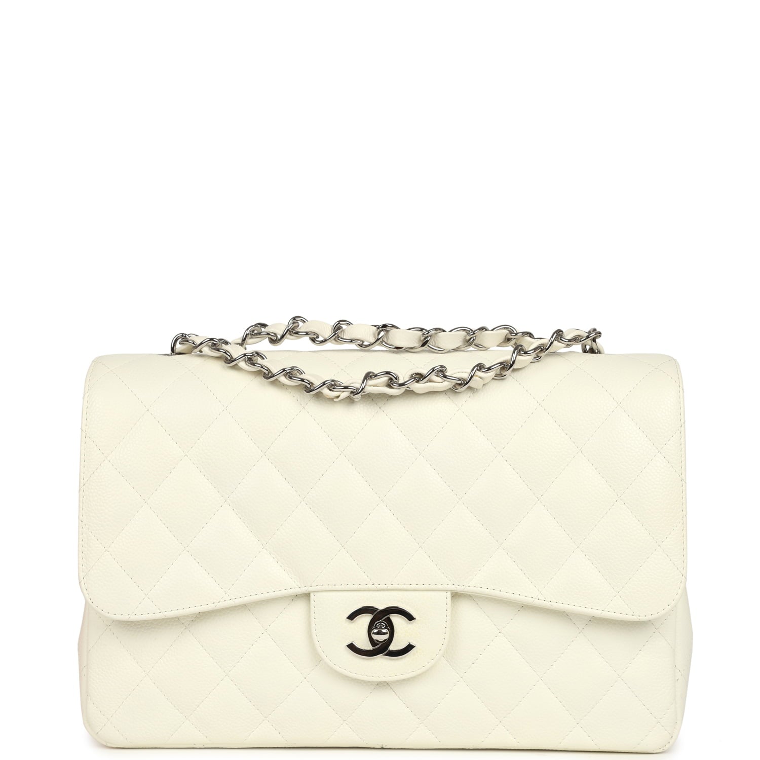 New Chanel Classic Jumbo Single Flap Bag White Caviar Silver Hardware