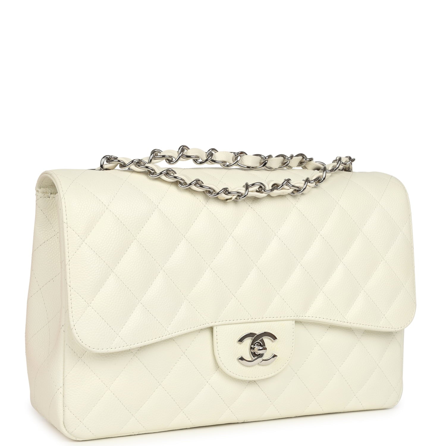 New Chanel Classic Jumbo Single Flap Bag White Caviar Silver Hardware