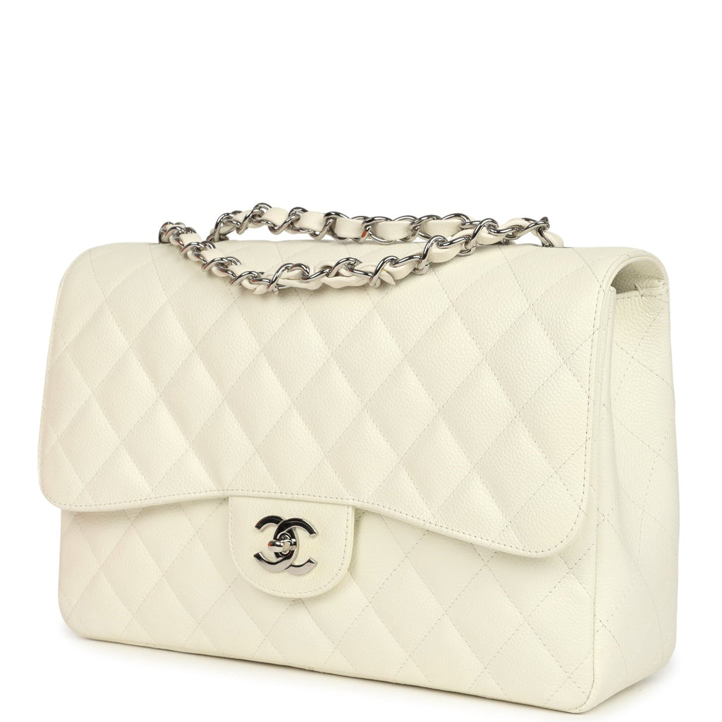 New Chanel Classic Jumbo Single Flap Bag White Caviar Silver Hardware