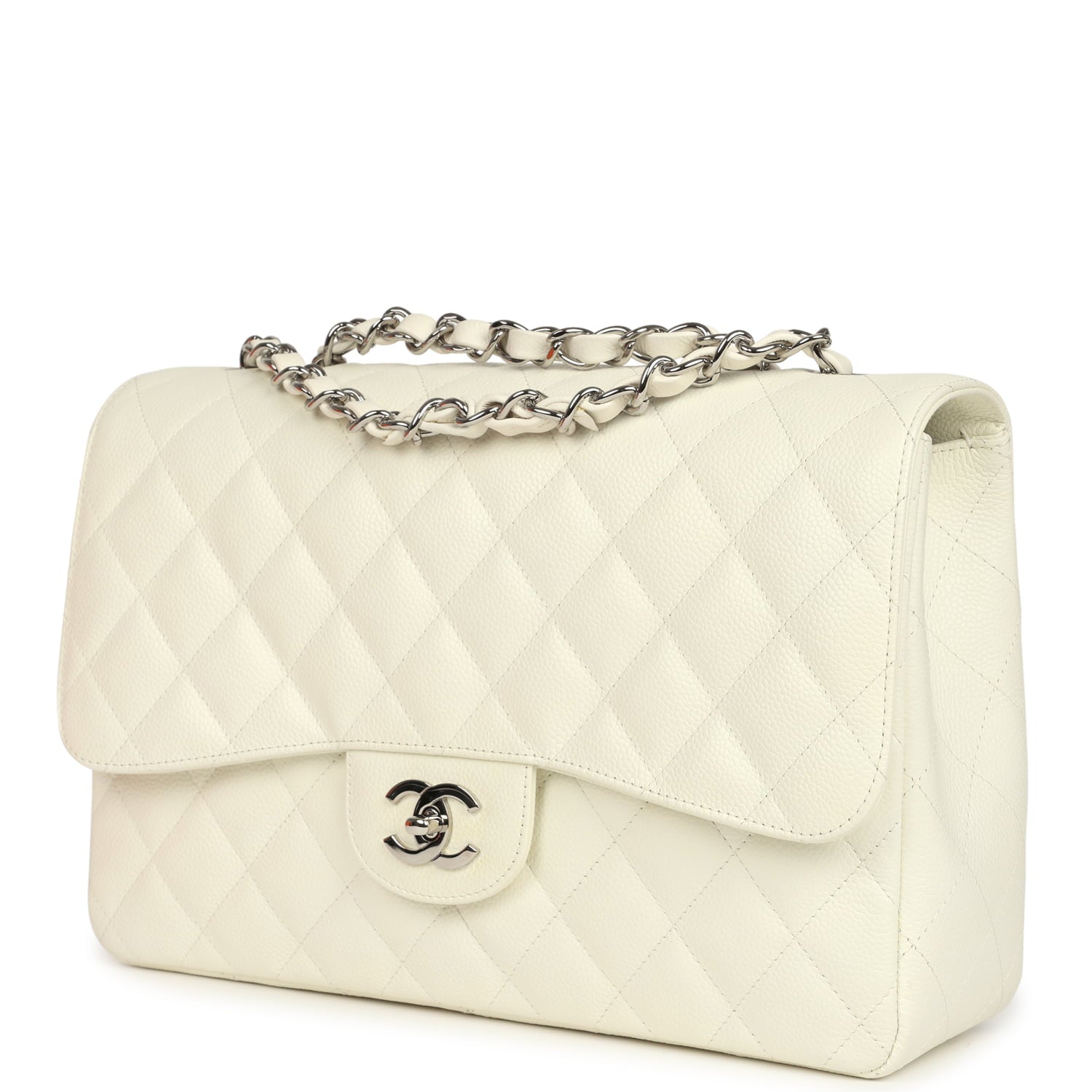 New Chanel Classic Jumbo Single Flap Bag White Caviar Silver Hardware