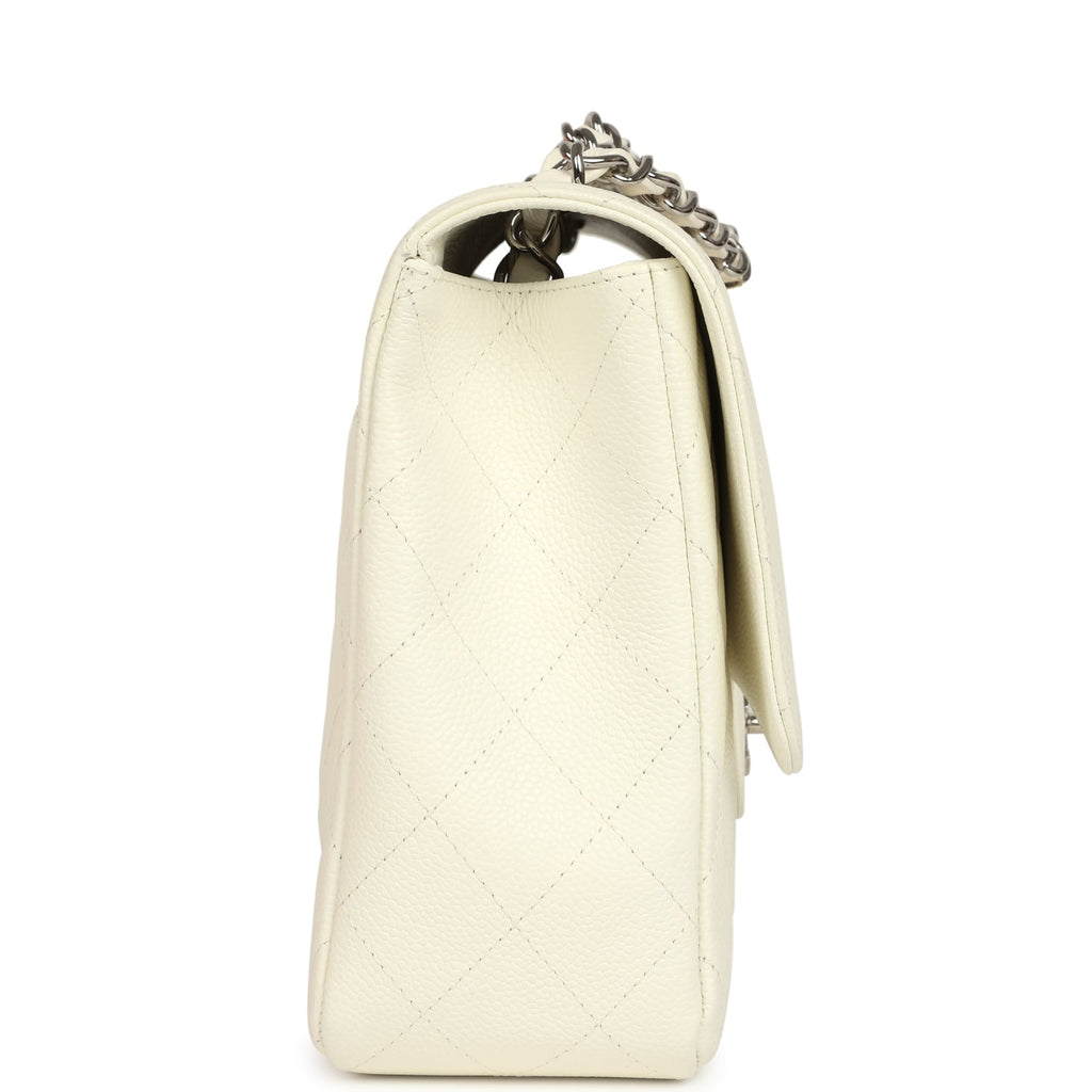 New Chanel Classic Jumbo Single Flap Bag White Caviar Silver Hardware