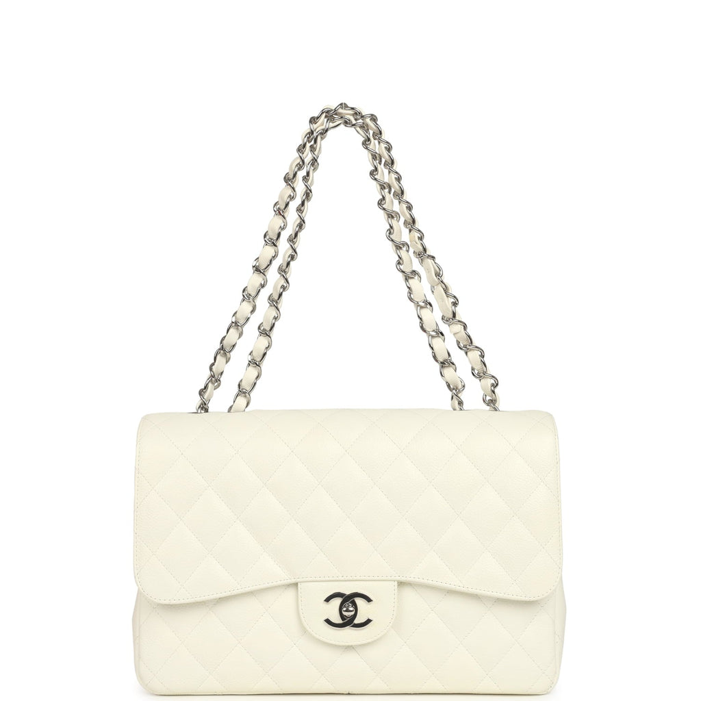 New Chanel Classic Jumbo Single Flap Bag White Caviar Silver Hardware
