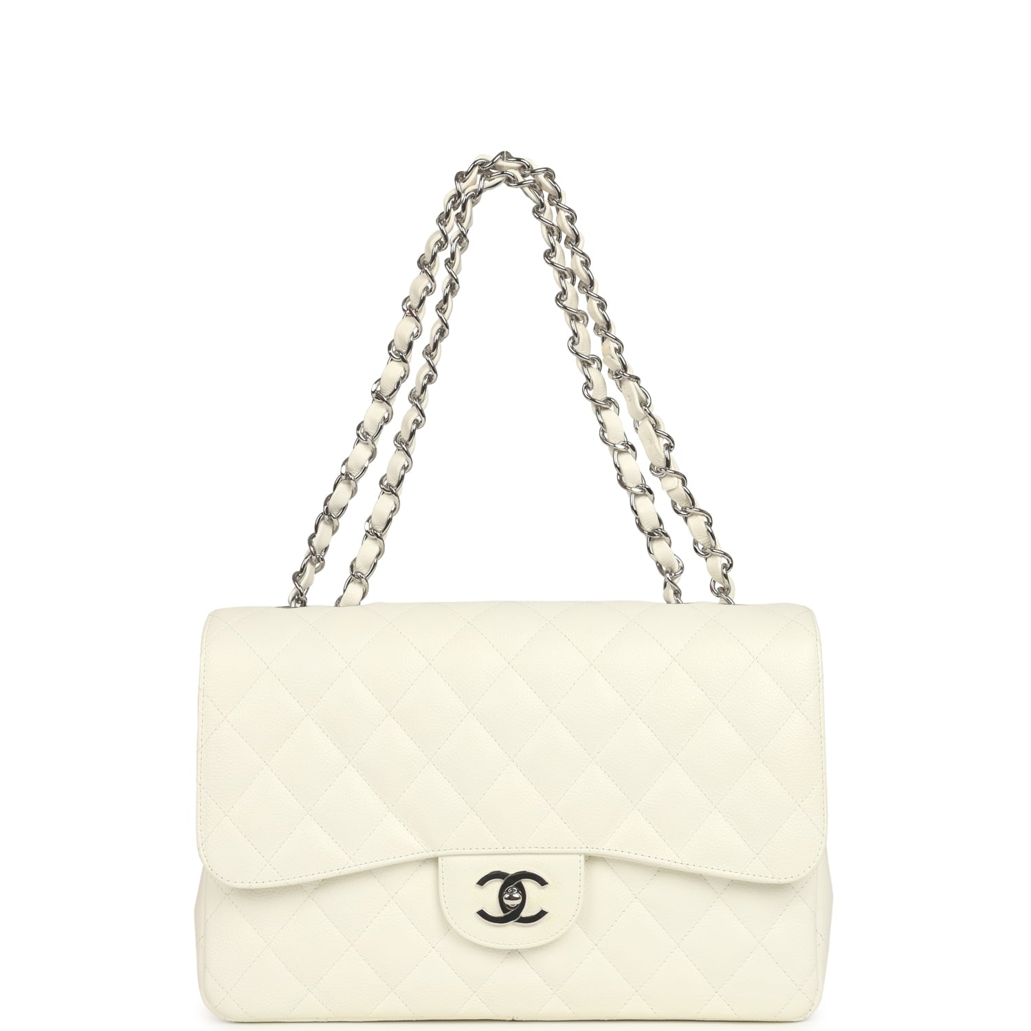 New Chanel Classic Jumbo Single Flap Bag White Caviar Silver Hardware