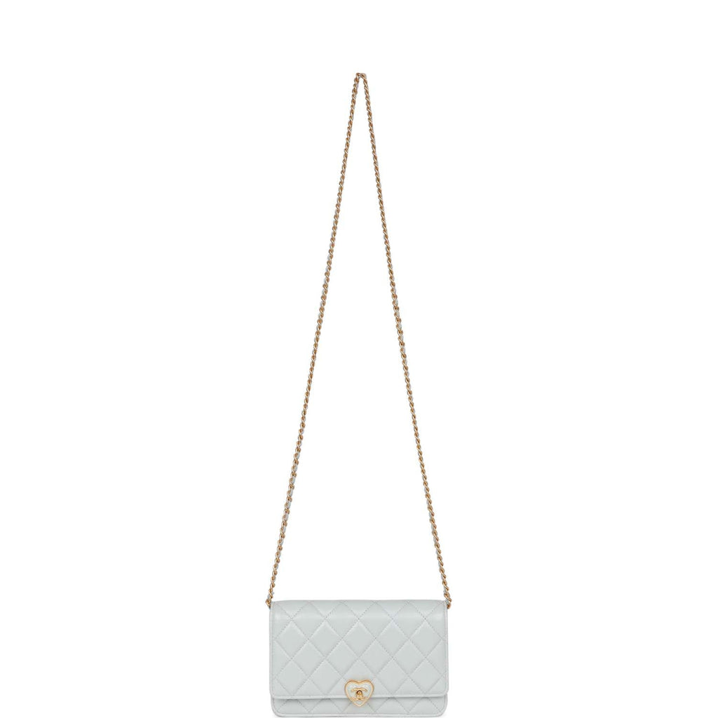 Chanel Heart Wallet on Chain WOC Light Blue Lambskin Aged Gold Hardware