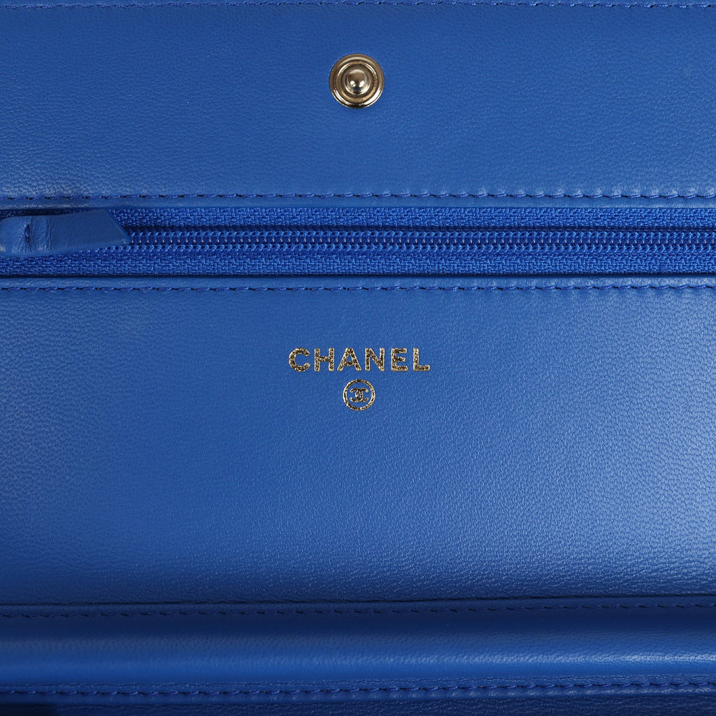Chanel Boy Wallet On Chain WOC Electric Blue Lambskin Light Gold Hardware