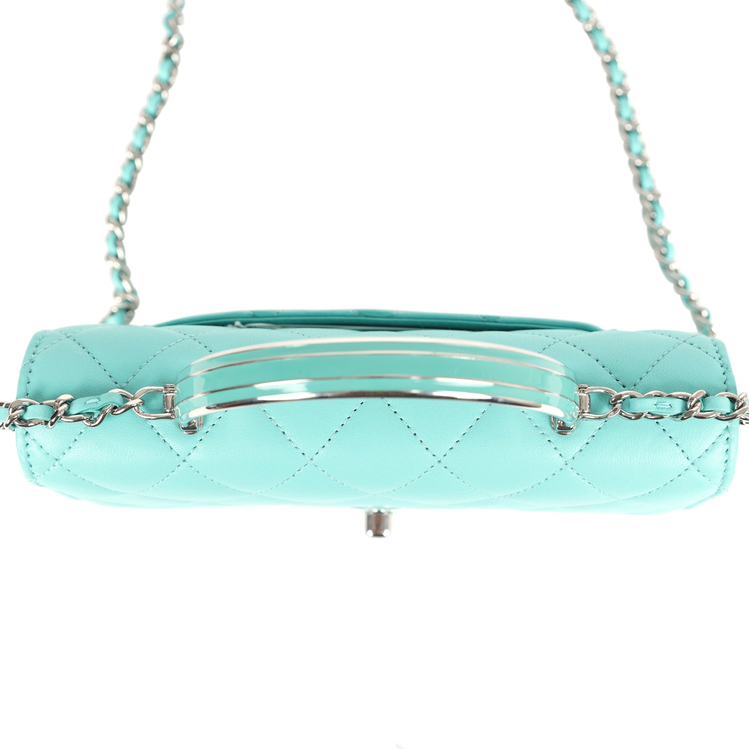 Chanel Top Handle Wallet On Chain WOC Turquoise Lambskin Silver Hardware