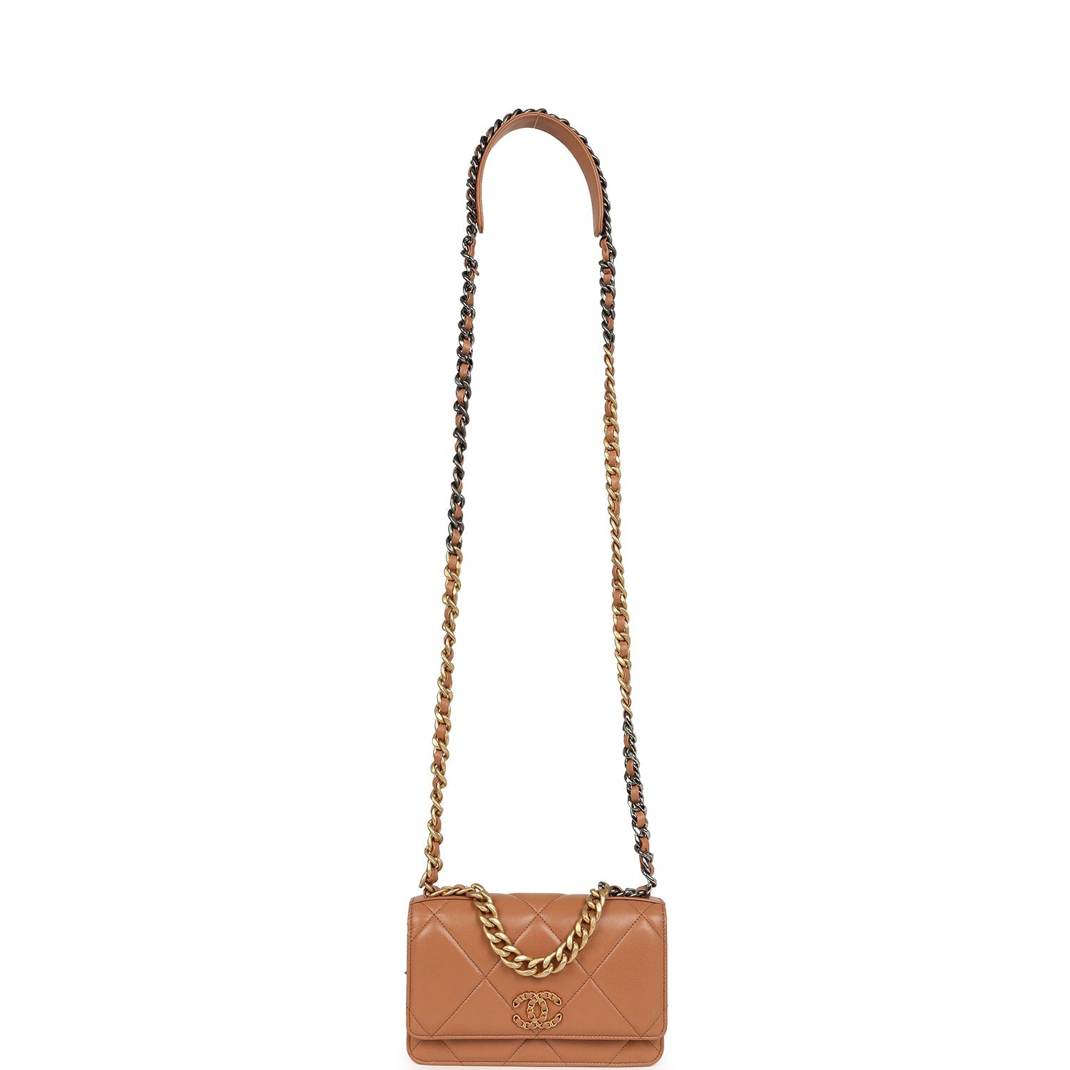 Chanel 19 Wallet On Chain WOC Brown Shiny Lambskin Mixed Metal Hardware