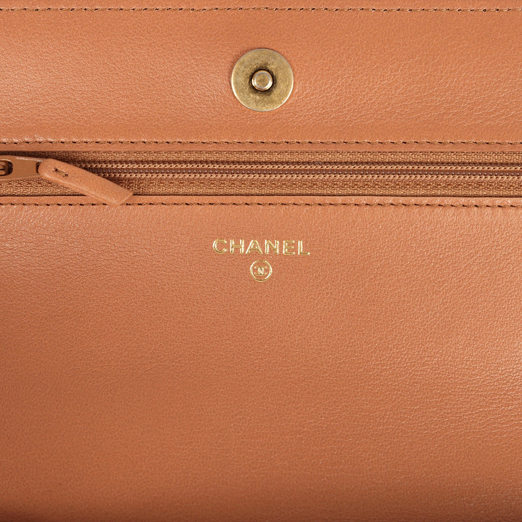 Chanel 19 Wallet On Chain WOC Brown Shiny Lambskin Mixed Metal Hardware