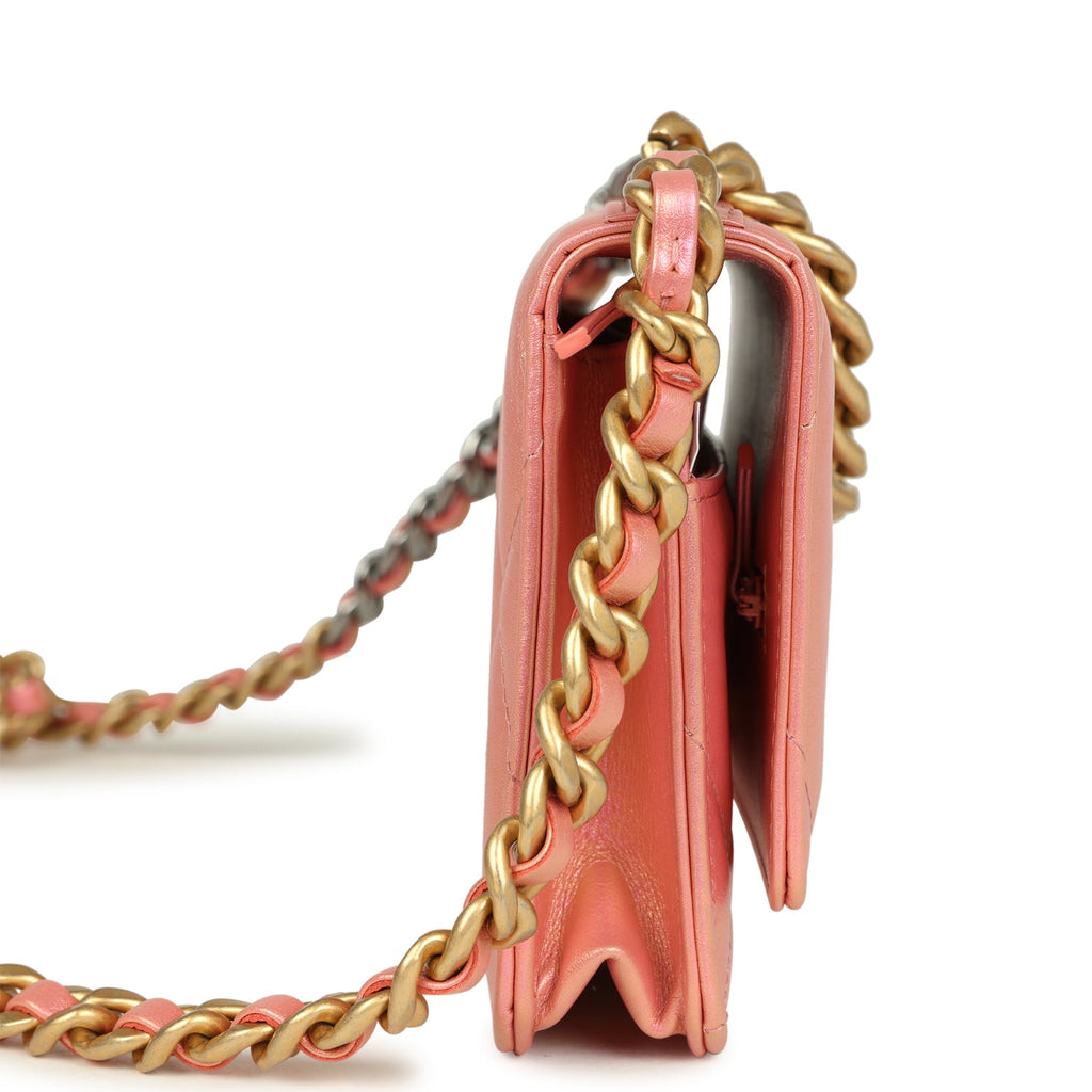 Chanel 19 Wallet On Chain WOC Pink Iridescent Shiny Lambskin Mixed Metal Hardware