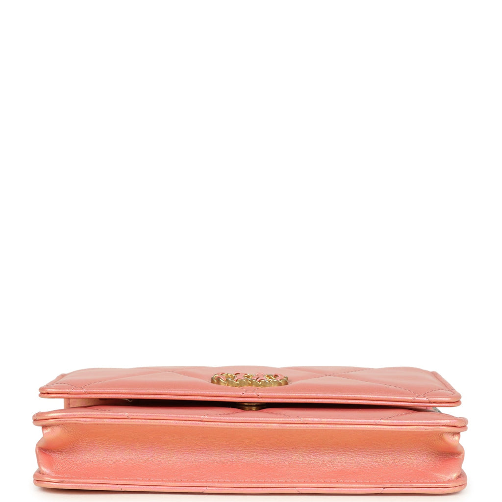 Chanel 19 Wallet On Chain WOC Pink Iridescent Shiny Lambskin Mixed Metal Hardware