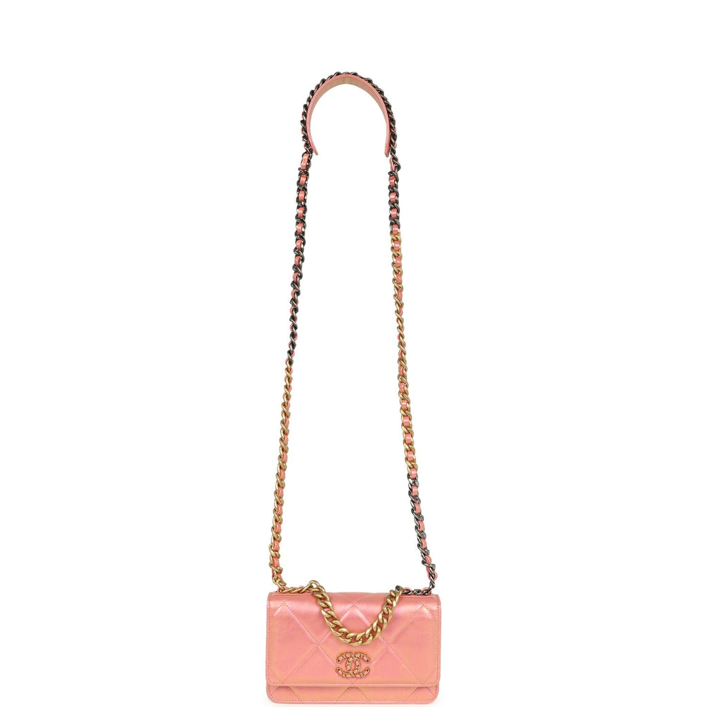 Chanel 19 Wallet On Chain WOC Pink Iridescent Shiny Lambskin Mixed Metal Hardware
