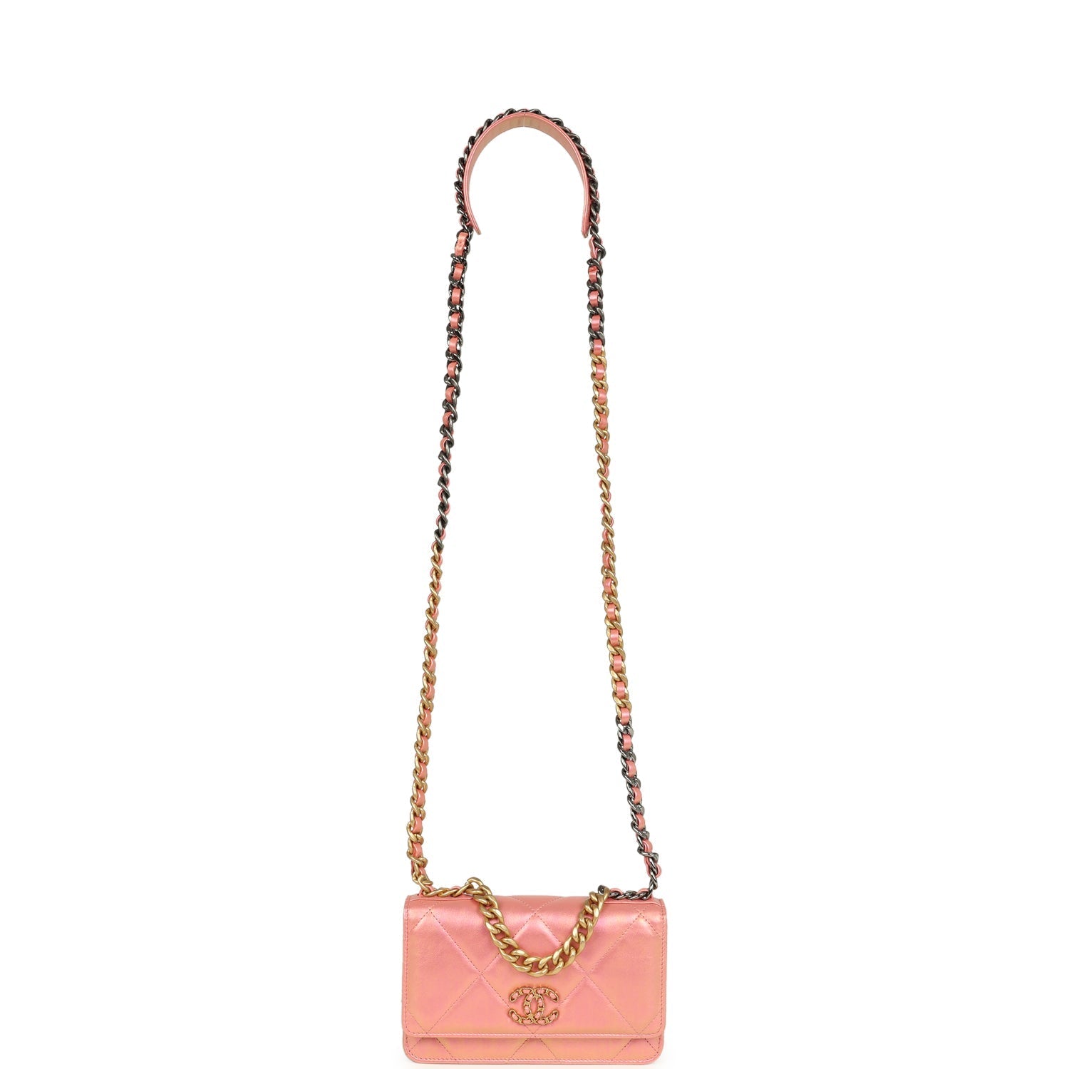 Chanel 19 Wallet On Chain WOC Pink Iridescent Shiny Lambskin Mixed Metal Hardware