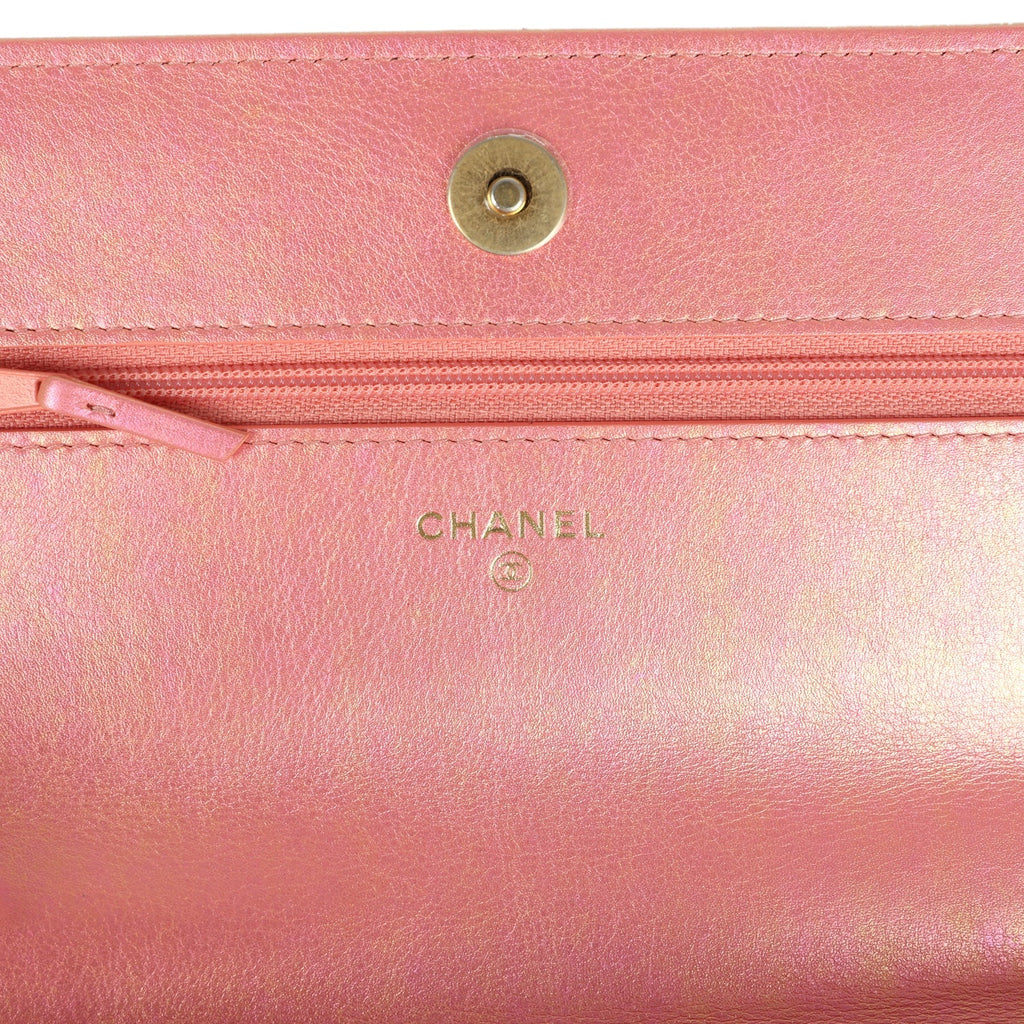 Chanel 19 Wallet On Chain WOC Pink Iridescent Shiny Lambskin Mixed Metal Hardware