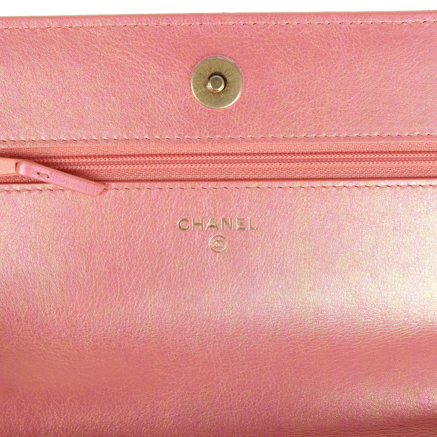 Chanel 19 Wallet On Chain WOC Pink Iridescent Shiny Lambskin Mixed Metal Hardware