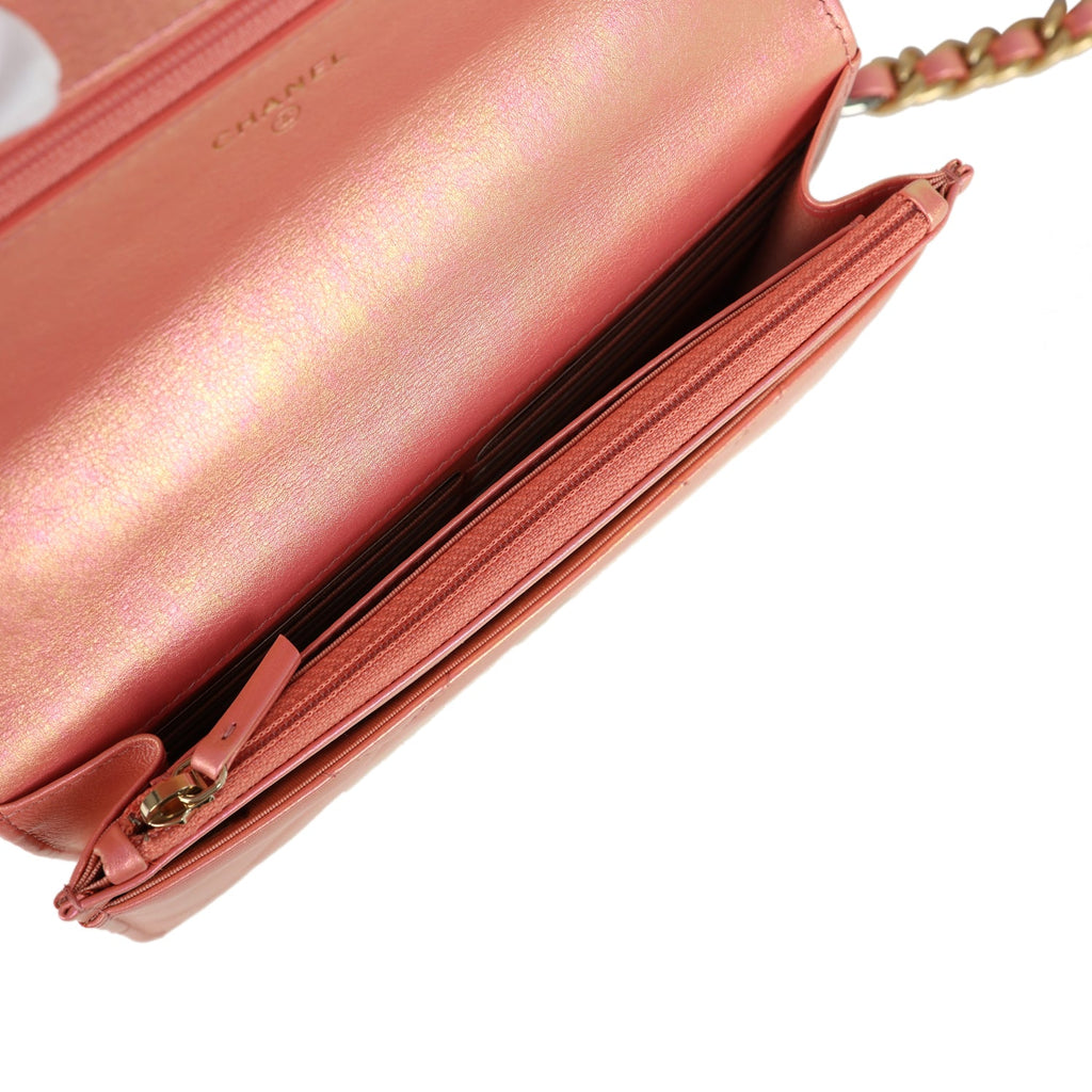 Chanel 19 Wallet On Chain WOC Pink Iridescent Shiny Lambskin Mixed Metal Hardware