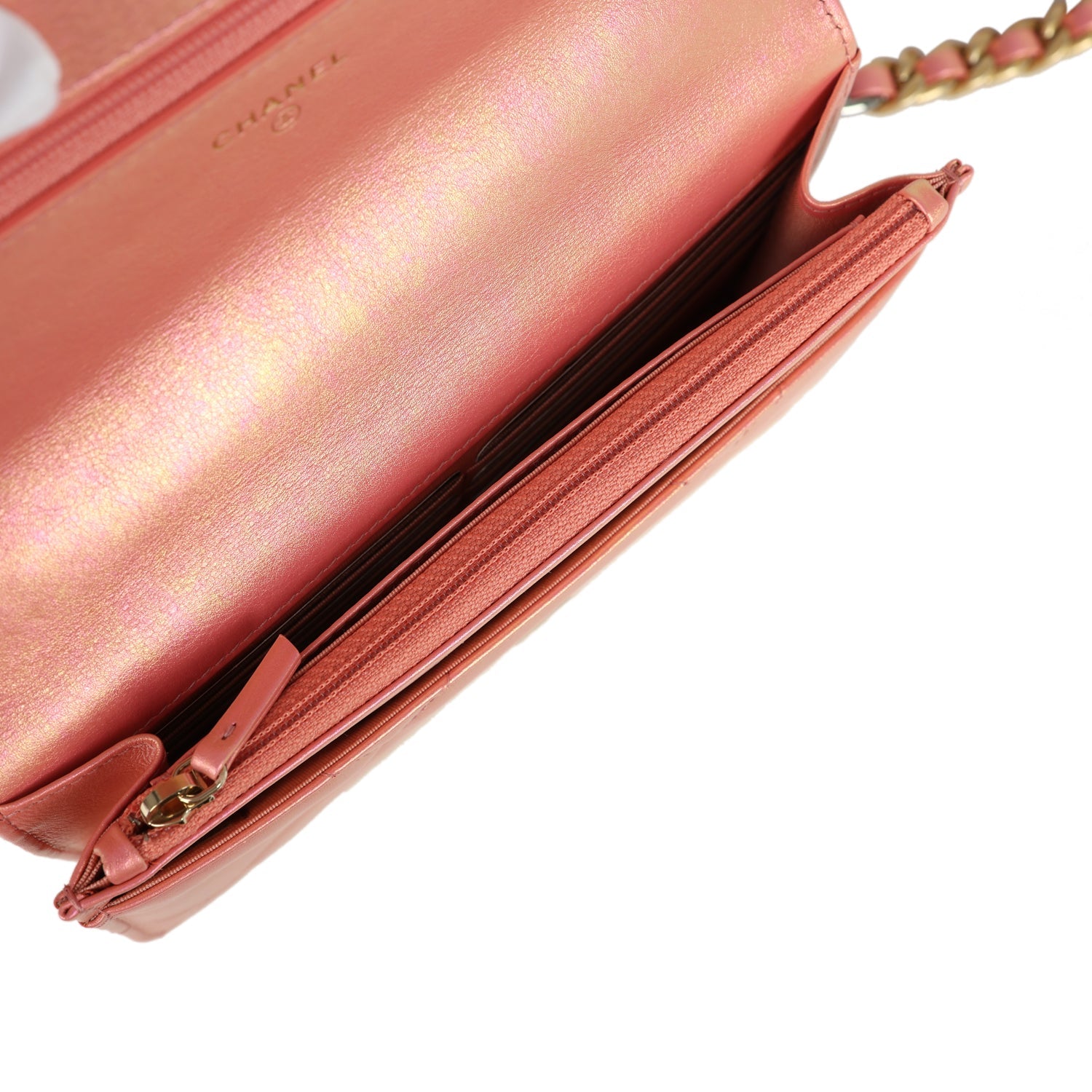 Chanel 19 Wallet On Chain WOC Pink Iridescent Shiny Lambskin Mixed Metal Hardware