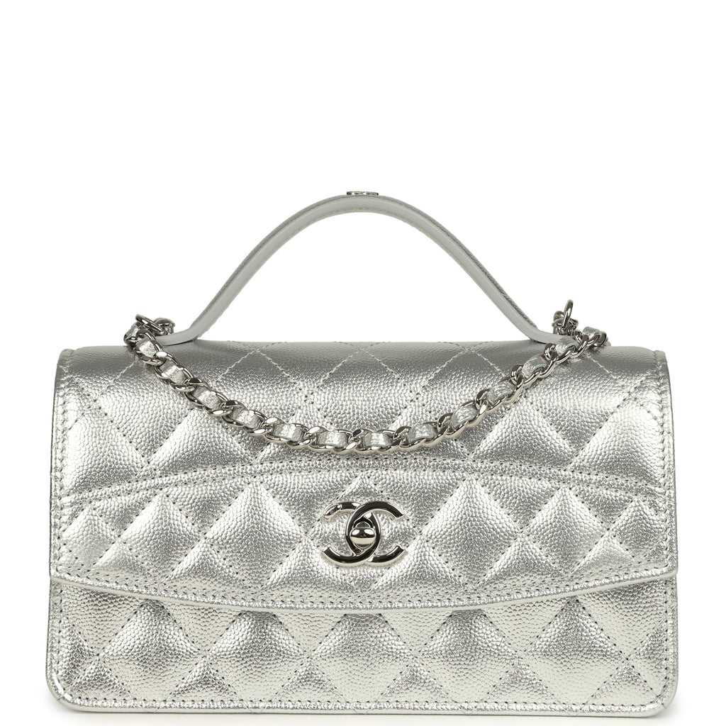 Chanel Trendy Top Handle Wallet On Chain WOC Metallic Silver Shiny Caviar Silver Hardware