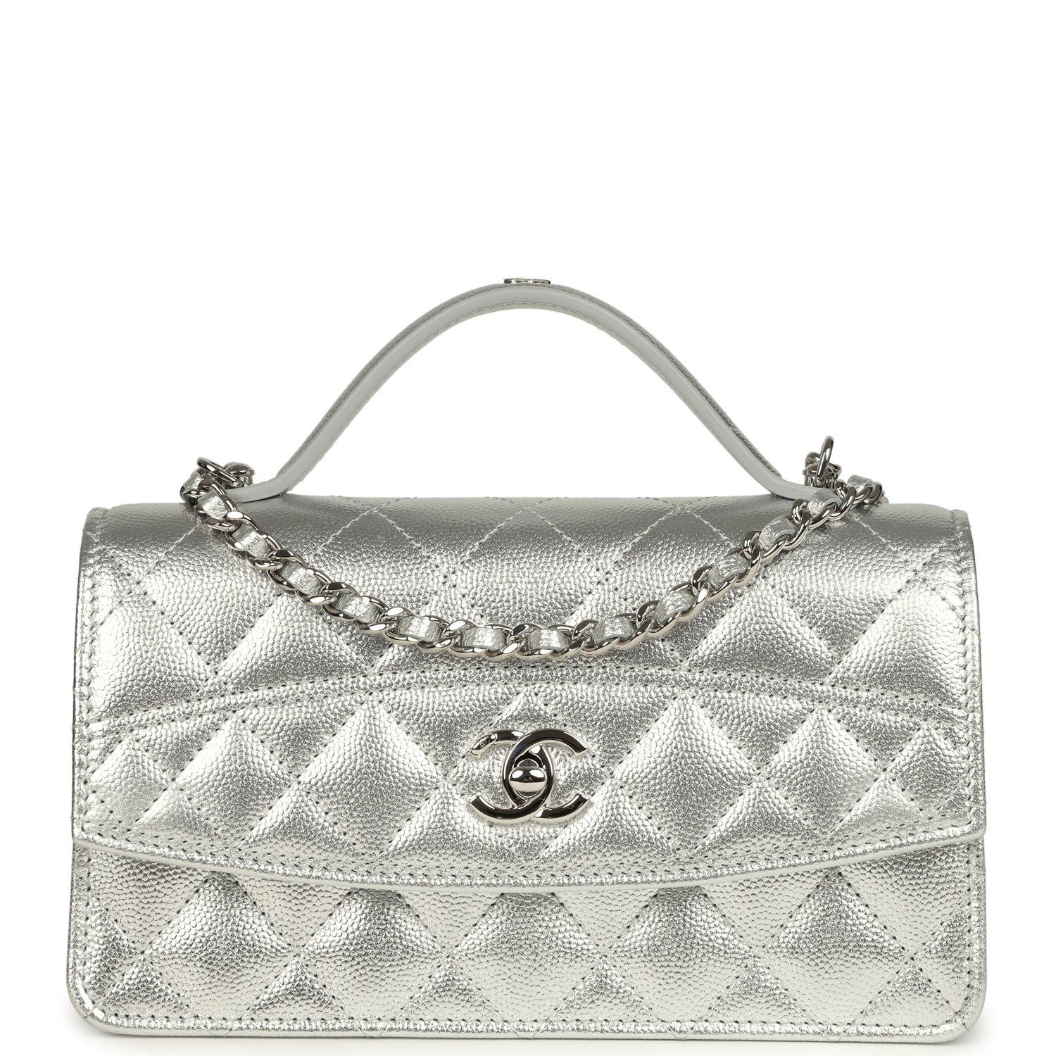 Chanel Trendy Top Handle Wallet On Chain WOC Metallic Silver Shiny Caviar Silver Hardware