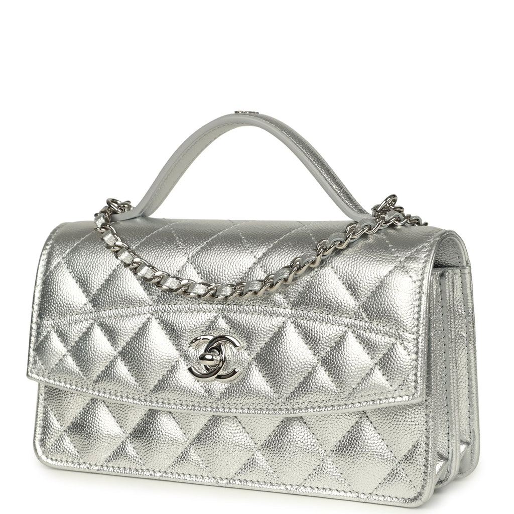 Chanel Trendy Top Handle Wallet On Chain WOC Metallic Silver Shiny Caviar Silver Hardware