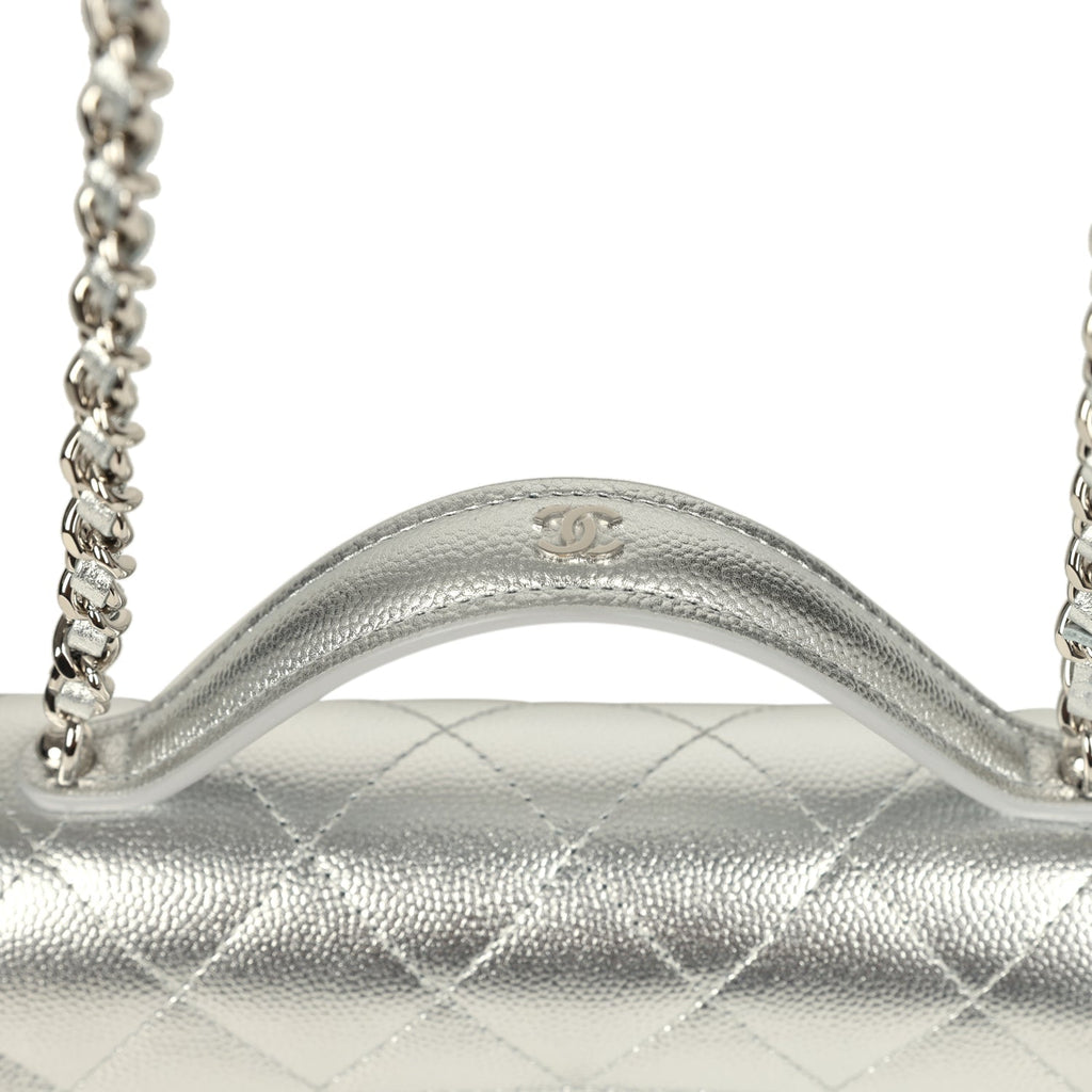 Chanel Trendy Top Handle Wallet On Chain WOC Metallic Silver Shiny Caviar Silver Hardware