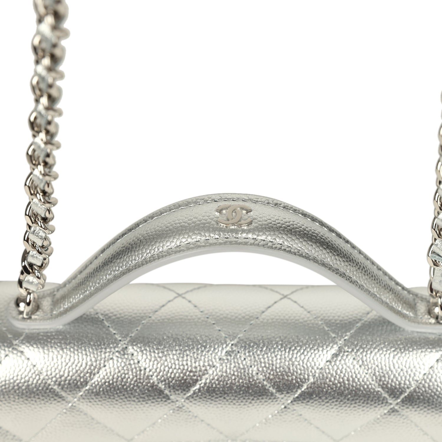 Chanel Trendy Top Handle Wallet On Chain WOC Metallic Silver Shiny Caviar Silver Hardware