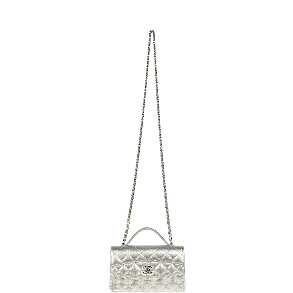 Chanel Trendy Top Handle Wallet On Chain WOC Metallic Silver Shiny Caviar Silver Hardware