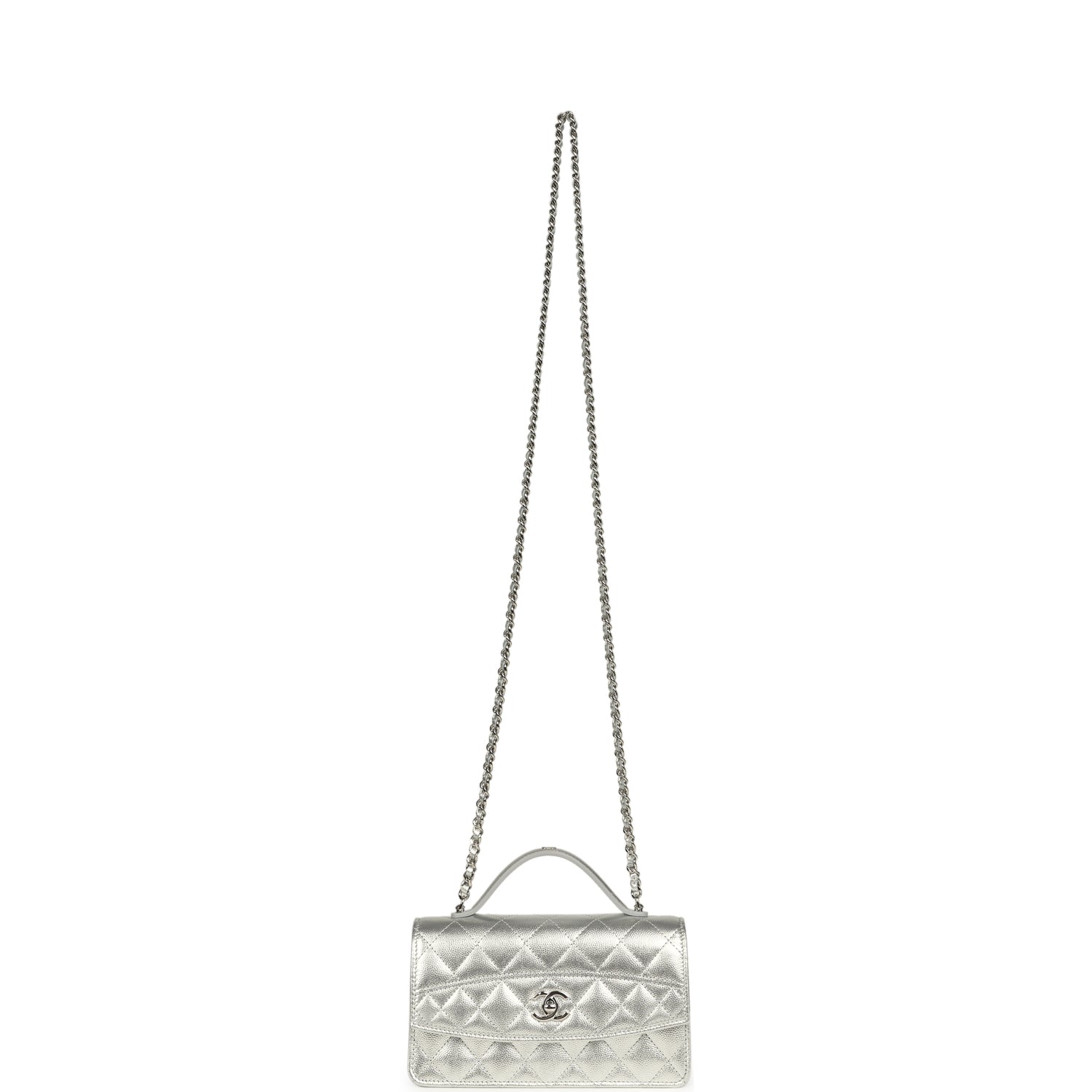 Chanel Trendy Top Handle Wallet On Chain WOC Metallic Silver Shiny Caviar Silver Hardware