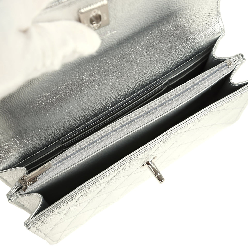 Chanel Trendy Top Handle Wallet On Chain WOC Metallic Silver Shiny Caviar Silver Hardware