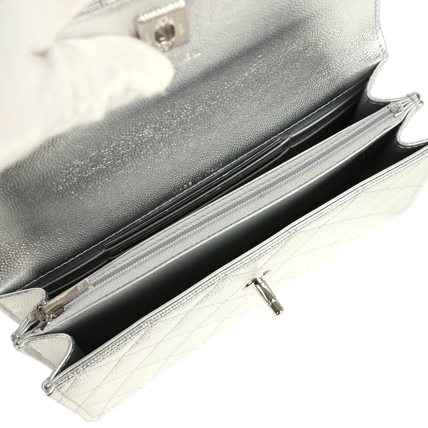 Chanel Trendy Top Handle Wallet On Chain WOC Metallic Silver Shiny Caviar Silver Hardware
