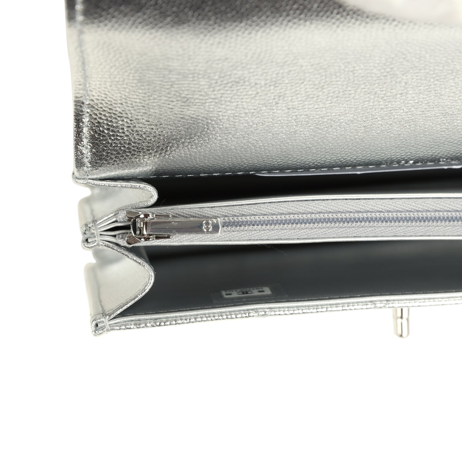 Chanel Trendy Top Handle Wallet On Chain WOC Metallic Silver Shiny Caviar Silver Hardware