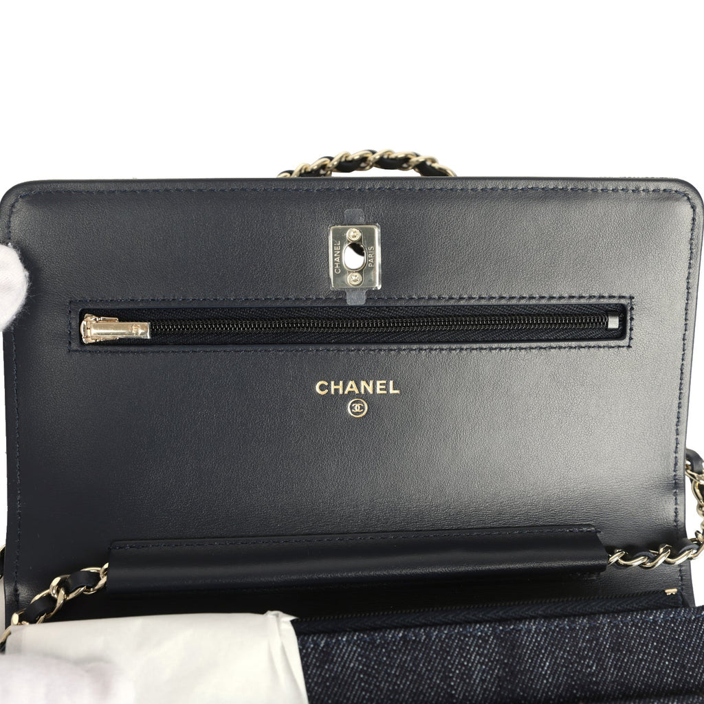 Chanel Wallet On Chain WOC Dark Blue Denim Light Gold Hardware