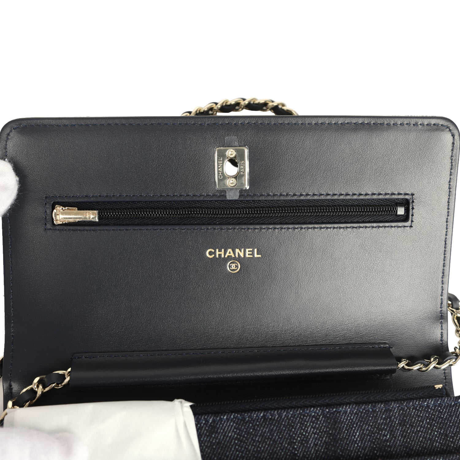 Chanel Wallet On Chain WOC Dark Blue Denim Light Gold Hardware